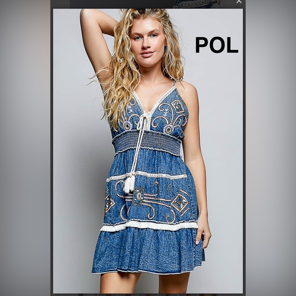 BP224-10💙POL party denim blue embroidered+embellished spring dress! Amazing!